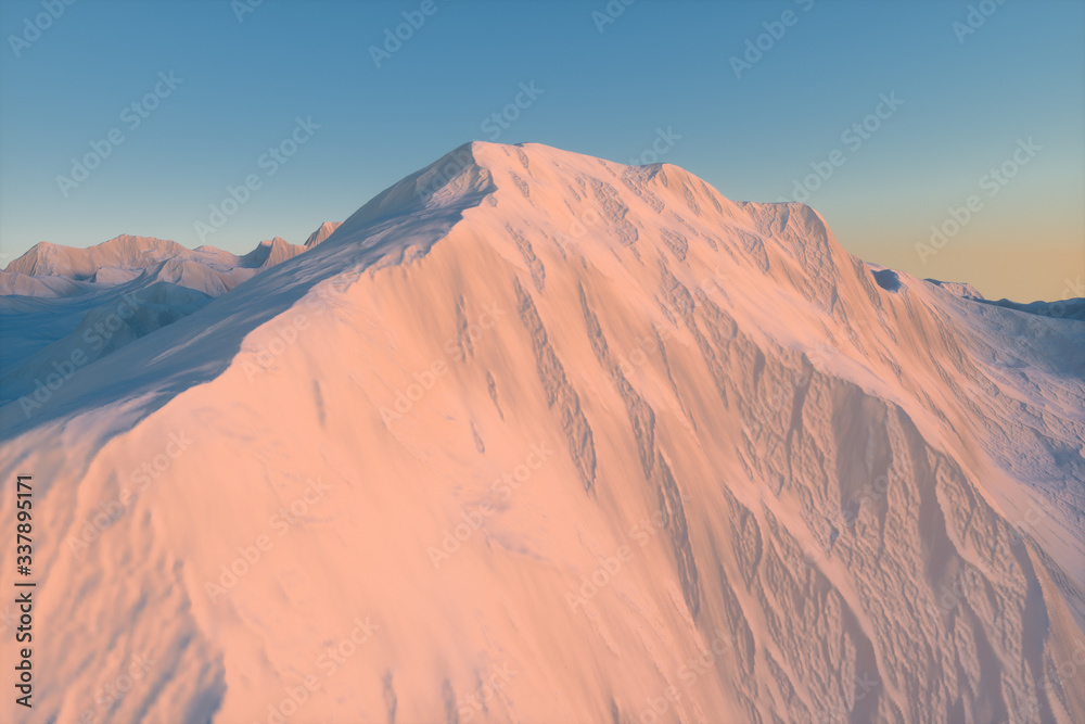 A stretch of snow mountain with blue sky, 3d rendering.