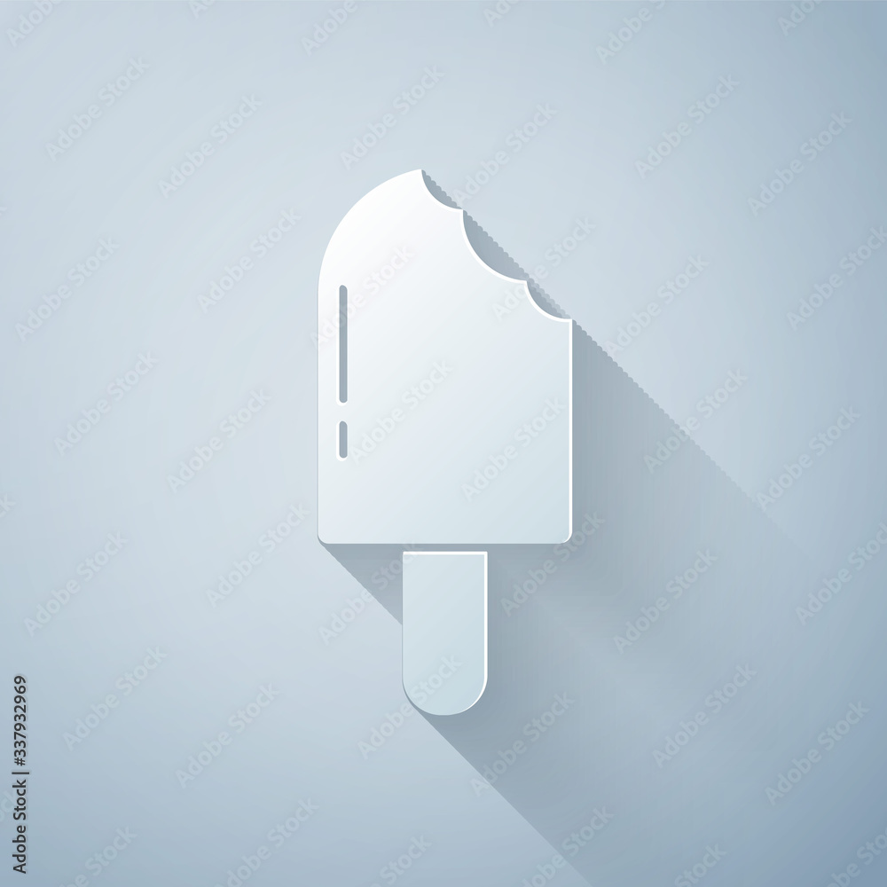 Paper cut Ice cream icon isolated on grey background. Sweet symbol. Paper art style. Vector Illustra