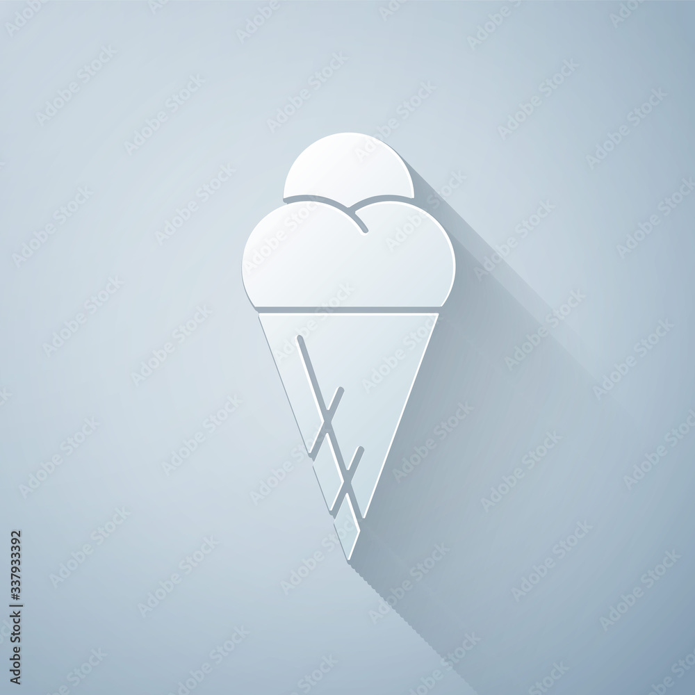 Paper cut Ice cream in waffle cone icon isolated on grey background. Sweet symbol. Paper art style. 