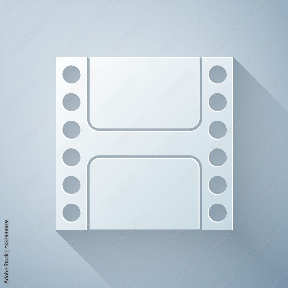 Paper cut Play Video icon isolated on grey background. Film strip sign. Paper art style. Vector Illu