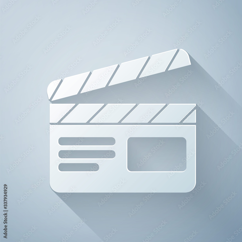 Paper cut Movie clapper icon isolated on grey background. Film clapper board. Clapperboard sign. Cin