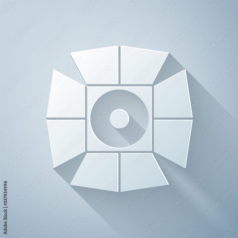 Paper cut Movie spotlight icon isolated on grey background. Light Effect. Scene, Studio, Show. Paper