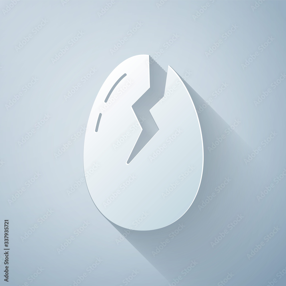 Paper cut Broken egg icon isolated on grey background. Happy Easter. Paper art style. Vector Illustr