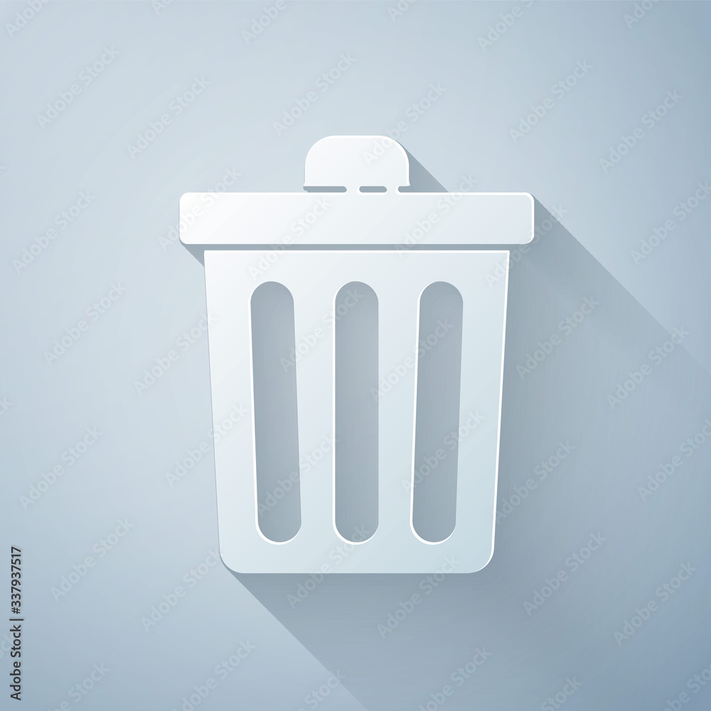 Paper cut Trash can icon isolated on grey background. Garbage bin sign. Recycle basket icon. Office 