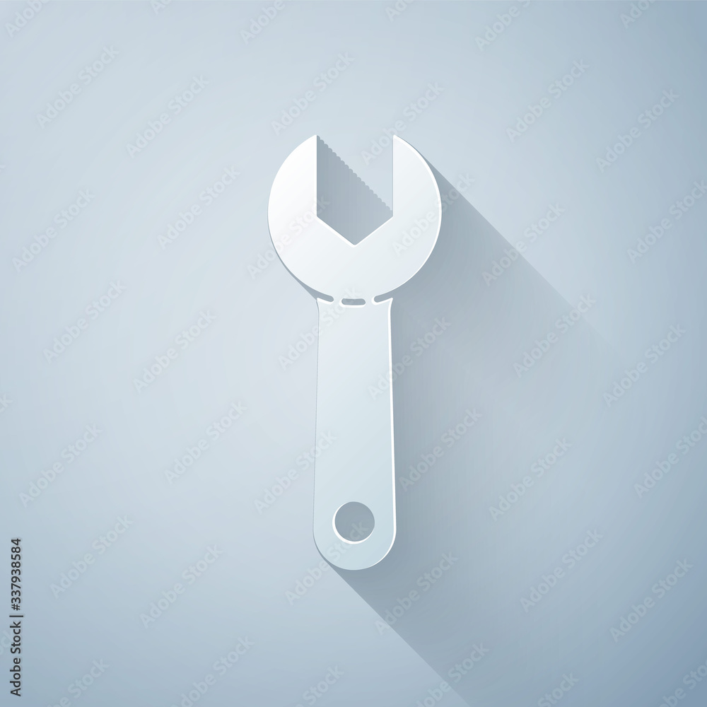 Paper cut Wrench spanner icon isolated on grey background. Paper art style. Vector Illustration