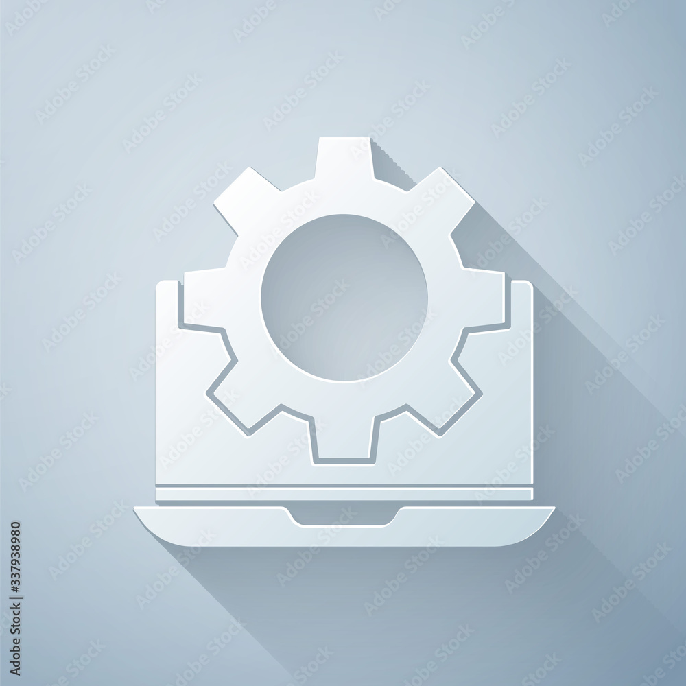 Paper cut Laptop and gear icon isolated on grey background. Adjusting app, setting options, maintena