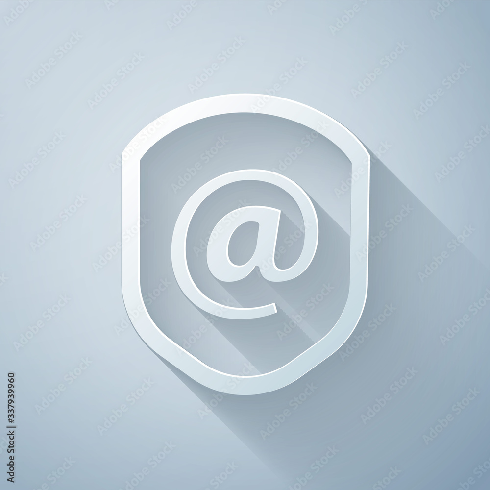 Paper cut Shield with mail and e-mail icon isolated on grey background. Guard sign. Security, safety