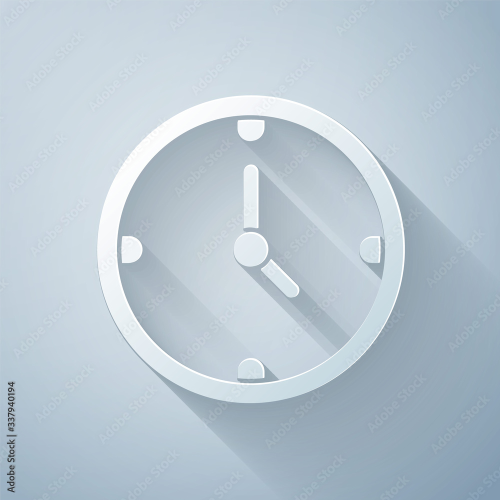 Paper cut Clock icon isolated on grey background. Time symbol. Paper art style. Vector Illustration