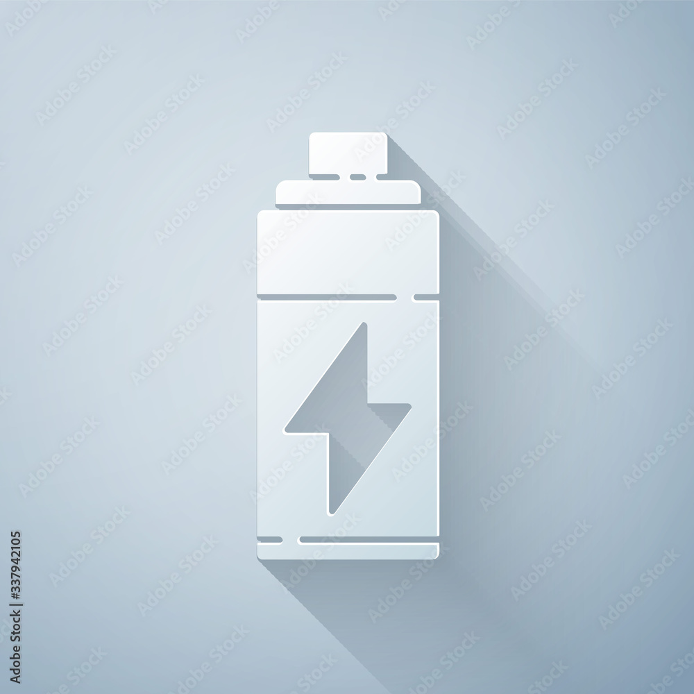 Paper cut Battery icon isolated on grey background. Lightning bolt symbol. Paper art style. Vector I