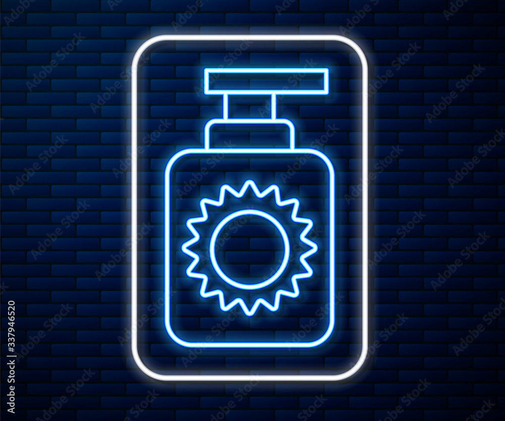 Glowing neon line Sunscreen spray bottle icon isolated on brick wall background. Protection for the 