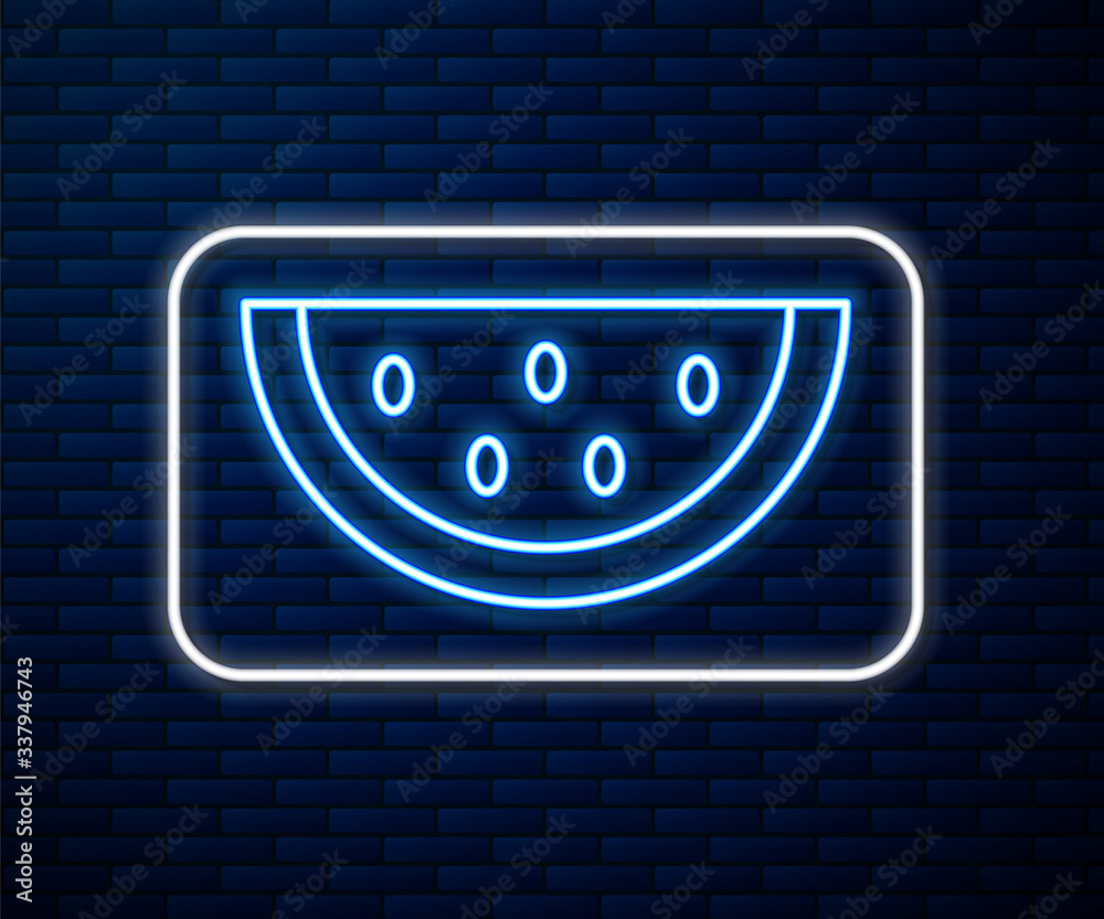 Glowing neon line Watermelon icon isolated on brick wall background. Vector Illustration