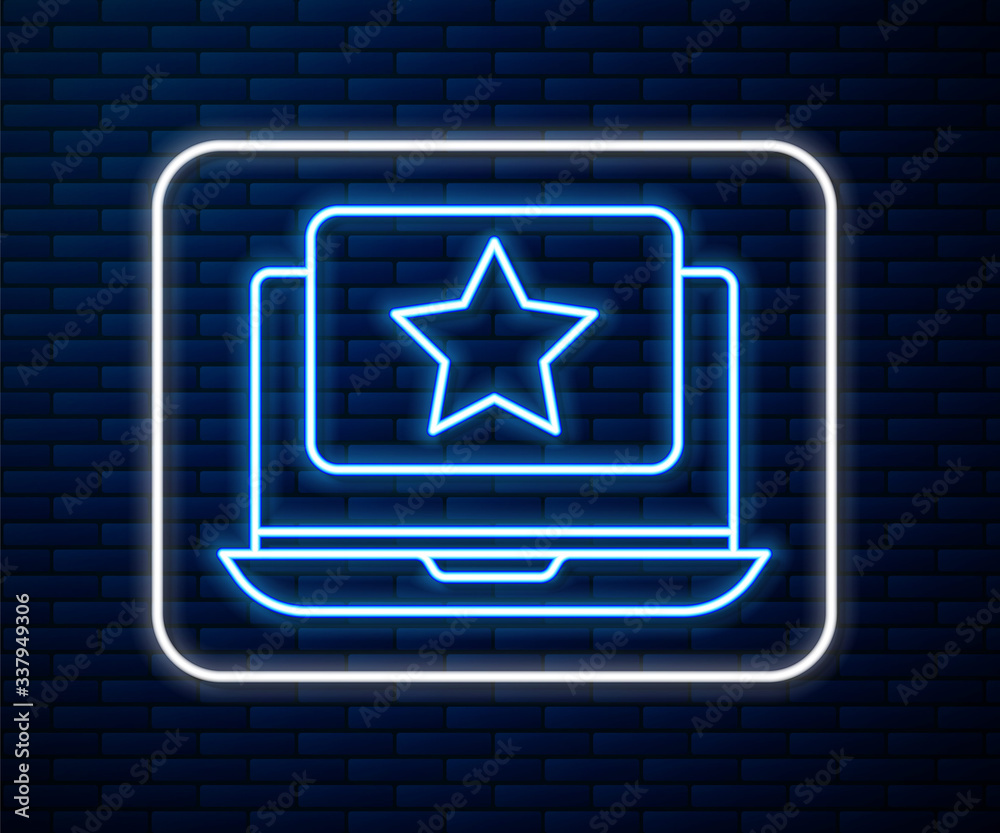 Glowing neon line Laptop with star icon isolated on brick wall background. Favorite, best rating, aw