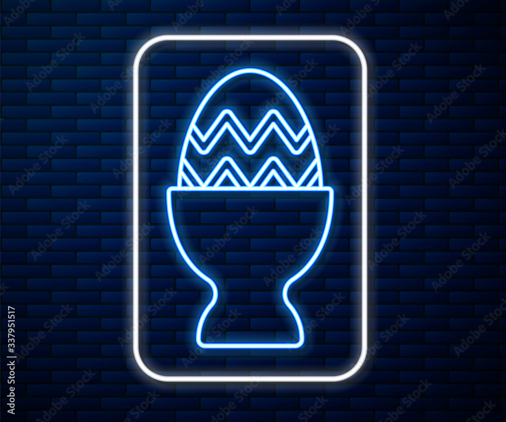 Glowing neon line Easter egg on a stand icon isolated on brick wall background. Happy Easter. Vector