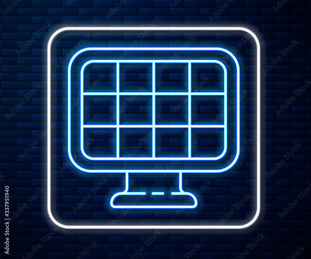 闪耀的霓虹灯线条太阳能面板图标隔离在砖墙背景上。矢量插图