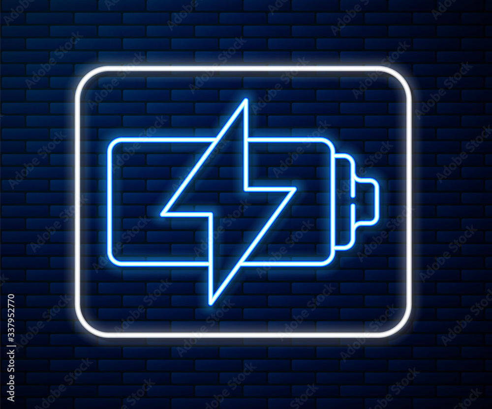 Glowing neon line Battery icon isolated on brick wall background. Lightning bolt symbol. Vector Illu