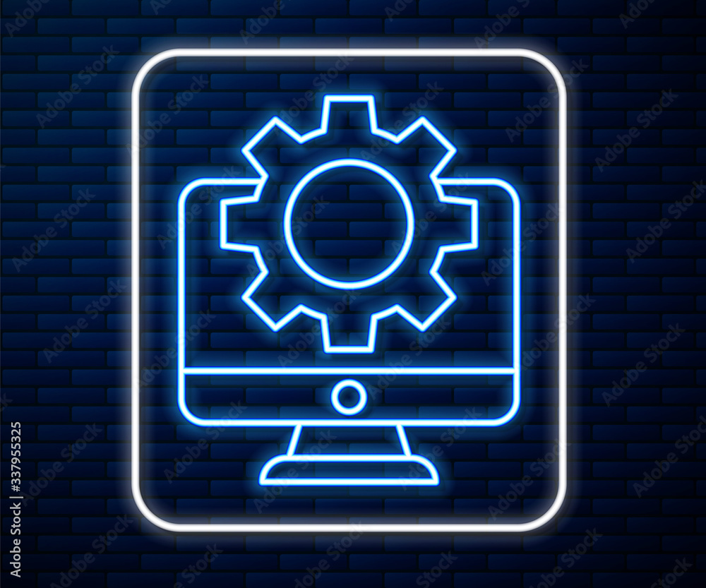 Glowing neon line Computer monitor and gear icon isolated on brick wall background. Adjusting, servi