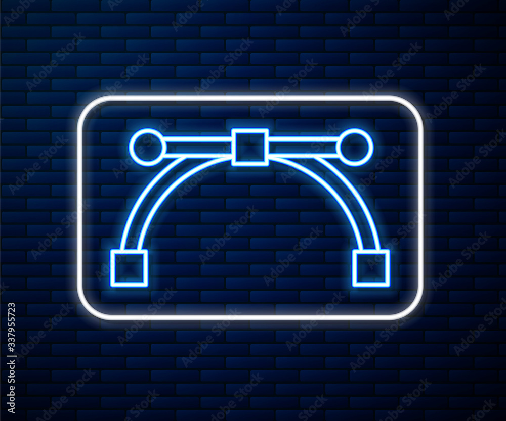 在砖墙背景上隔离的发光霓虹线贝塞尔曲线图标。笔工具图标。矢量照明