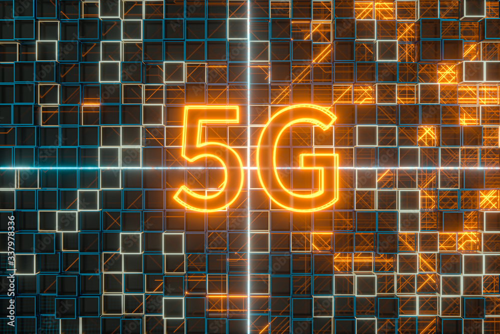 Font 5G with sci-fi square background, 3d rendering.