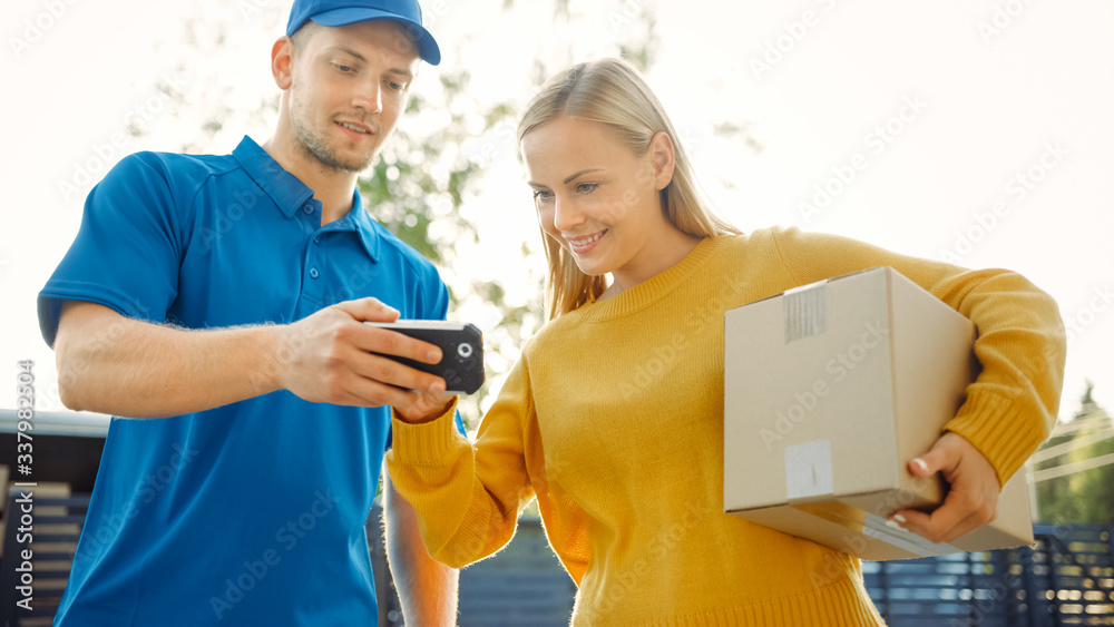 Beautiful Young Woman Meets Delivery Man who Gives Her Cardboard Box Package, She Signs Electronic S