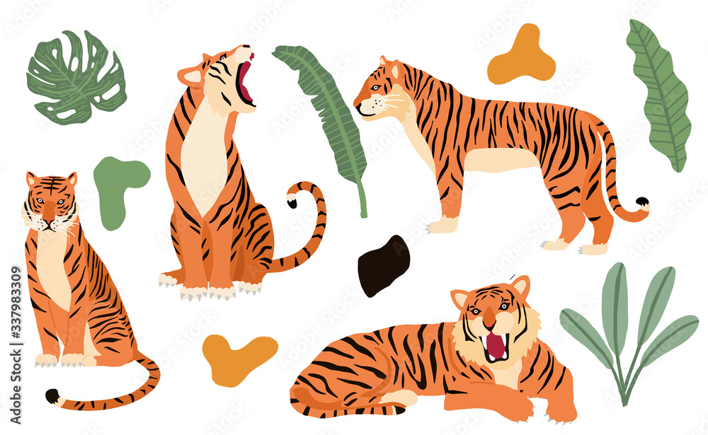 Cute animal object collection with leopard,tiger. illustration for icon,logo,sticker,printable