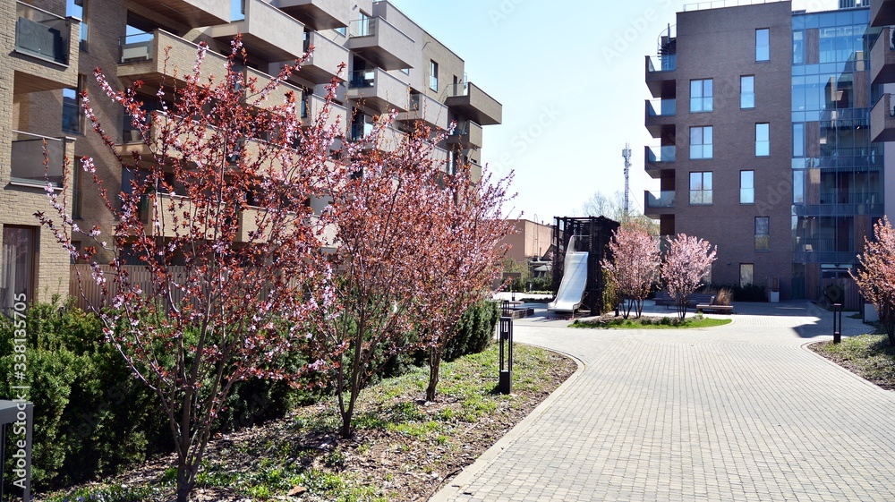 Contemporary residential building exterior in the daylight. Modern apartment buildings on a sunny da