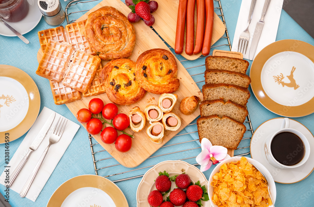 Breakfast Served in the morning with cereal bread, raisin bread, banana bread, sausage bread, chicke