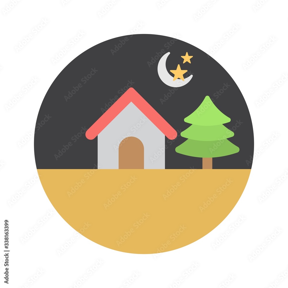 Landscape scene with house and moon flat style icon.