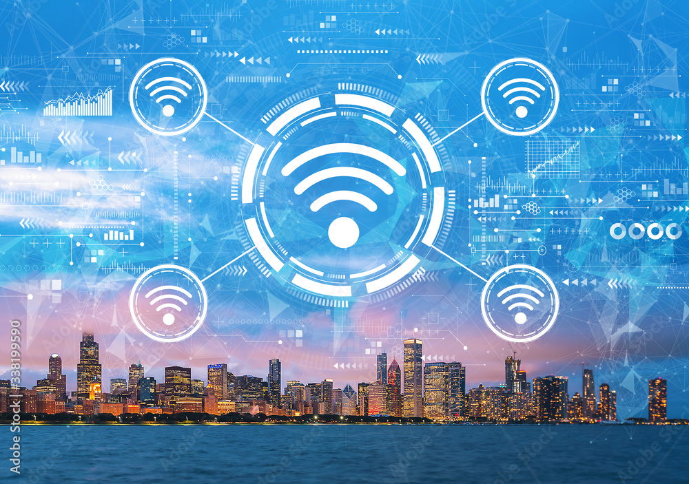 Wifi theme with downtown Chicago cityscape skyline with Lake Michigan