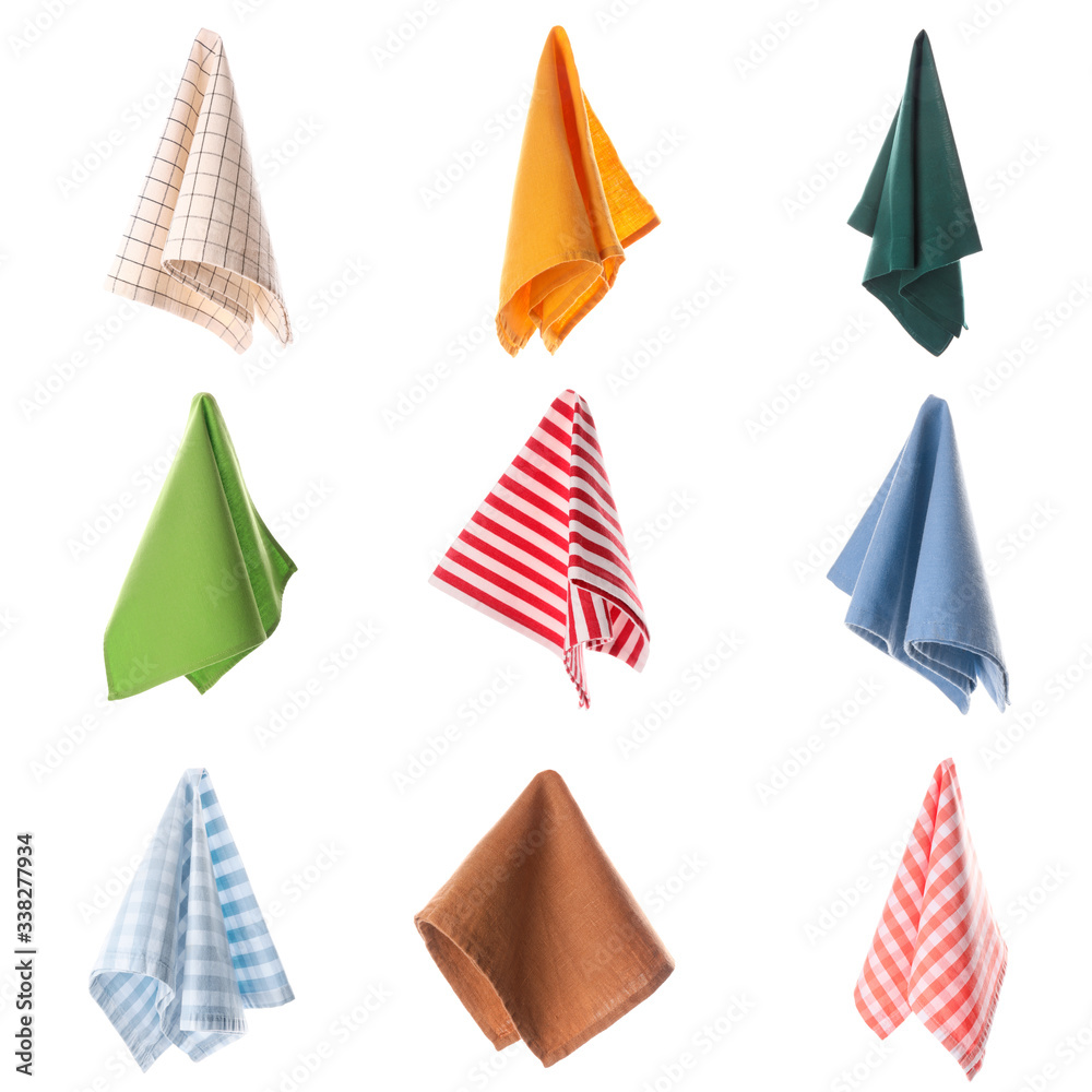 Set of clean napkins on white background