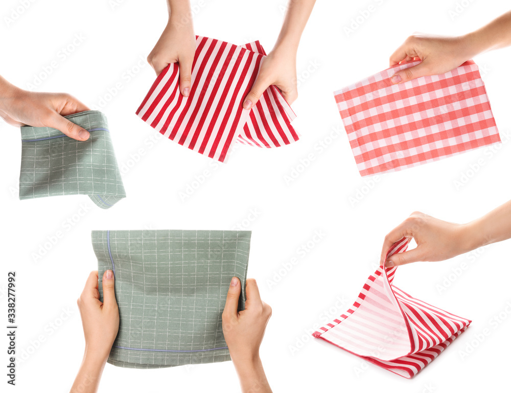 Female hands with clean napkins on white background