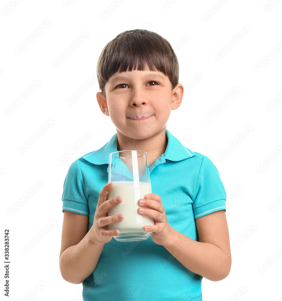 Little boy with milk on white background