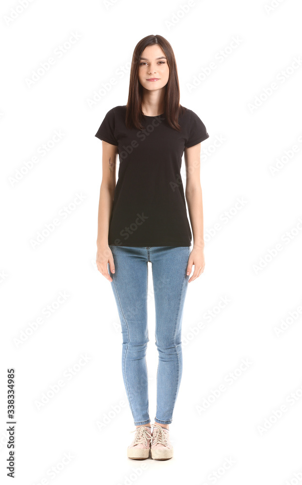 Woman in stylish t-shirt on white background