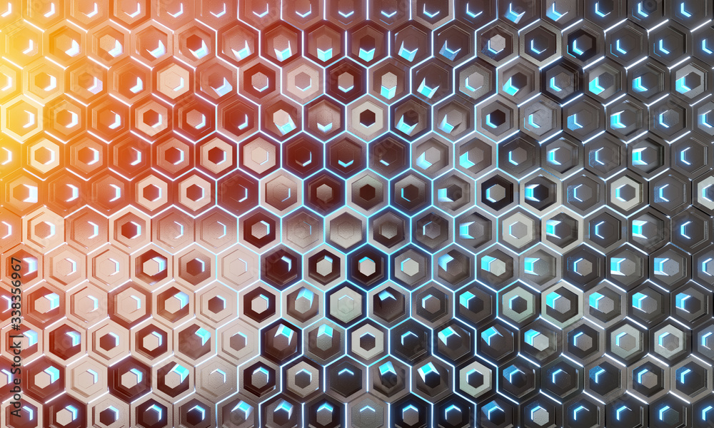 Glowing black blue and orange hexagons background pattern on silver metal surface 3D rendering