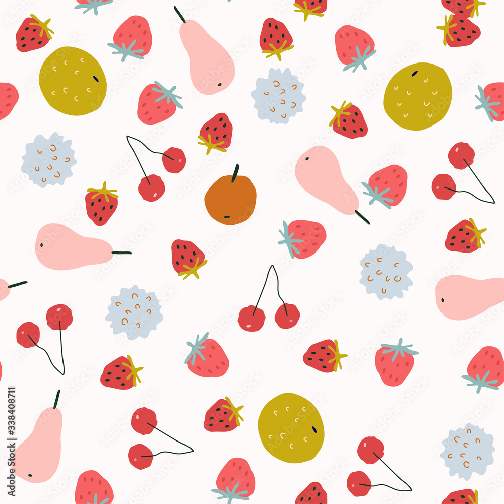 Seamless pattern with cute fruit in hand-drawn childish style