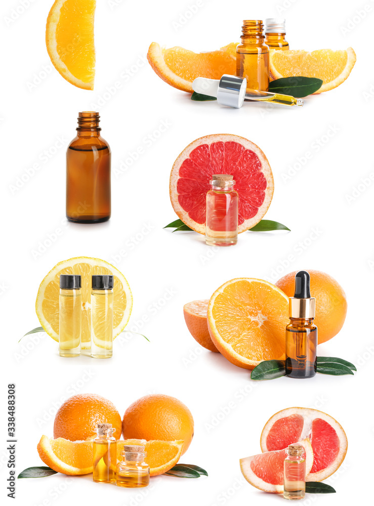 Set with citrus essential oils on white background