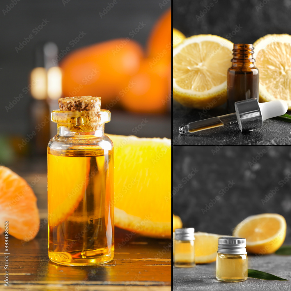 Collage of photos with citrus essential oils