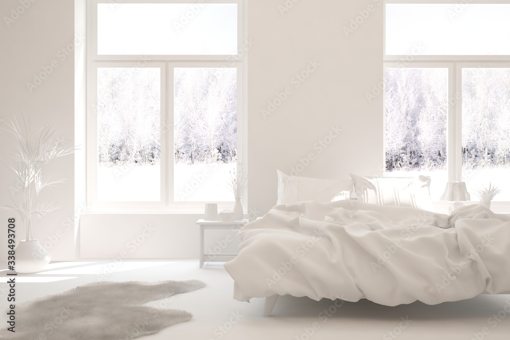 Stylish bedroom in white color with winter landscape in window. Scandinavian interior design. 3D ill