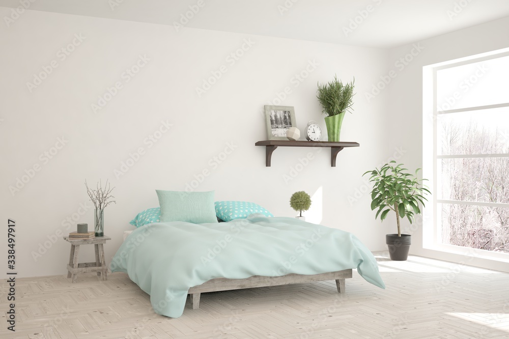 White bedroom interior. Scandinavian design. 3D illustration