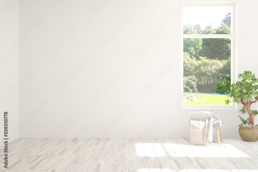 Stylish empty room in white color with summer landscape in window. Scandinavian interior design. 3D 