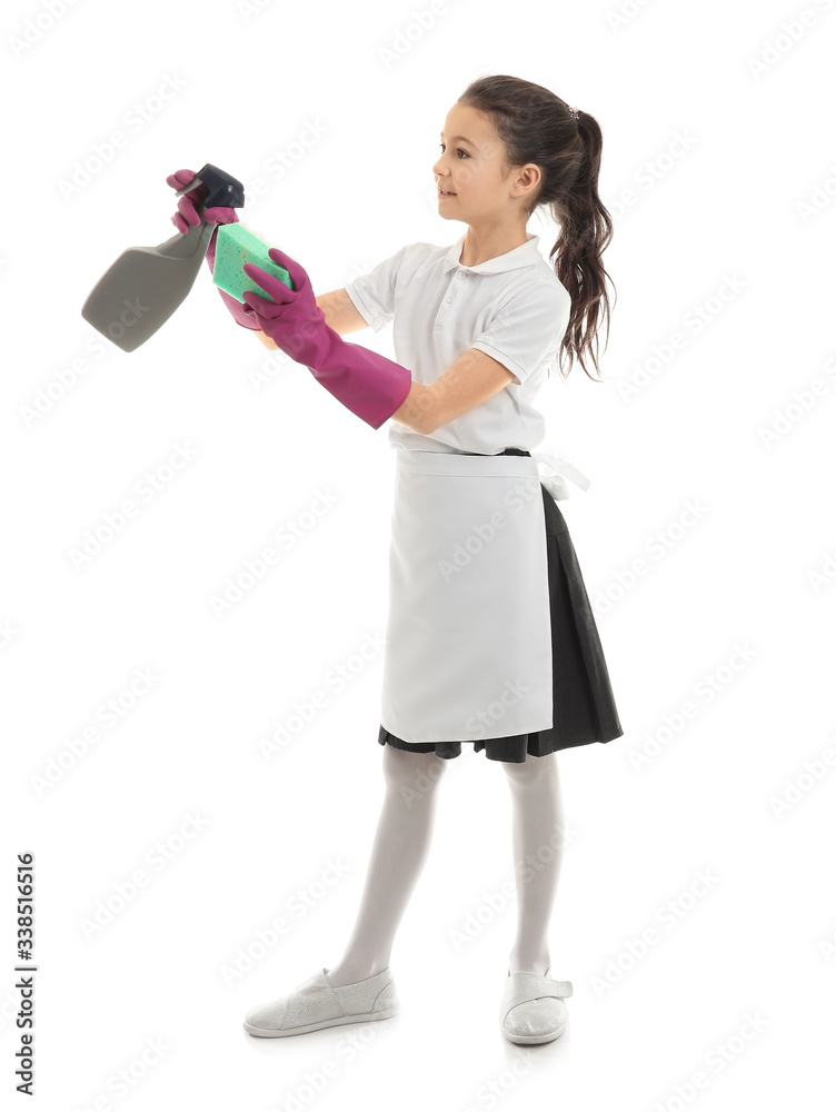 Cute little chambermaid on white background