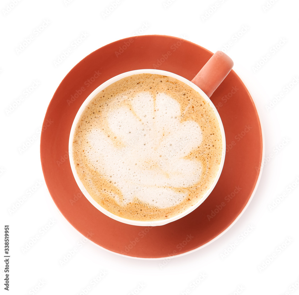 Cup of tasty cappuccino on white background