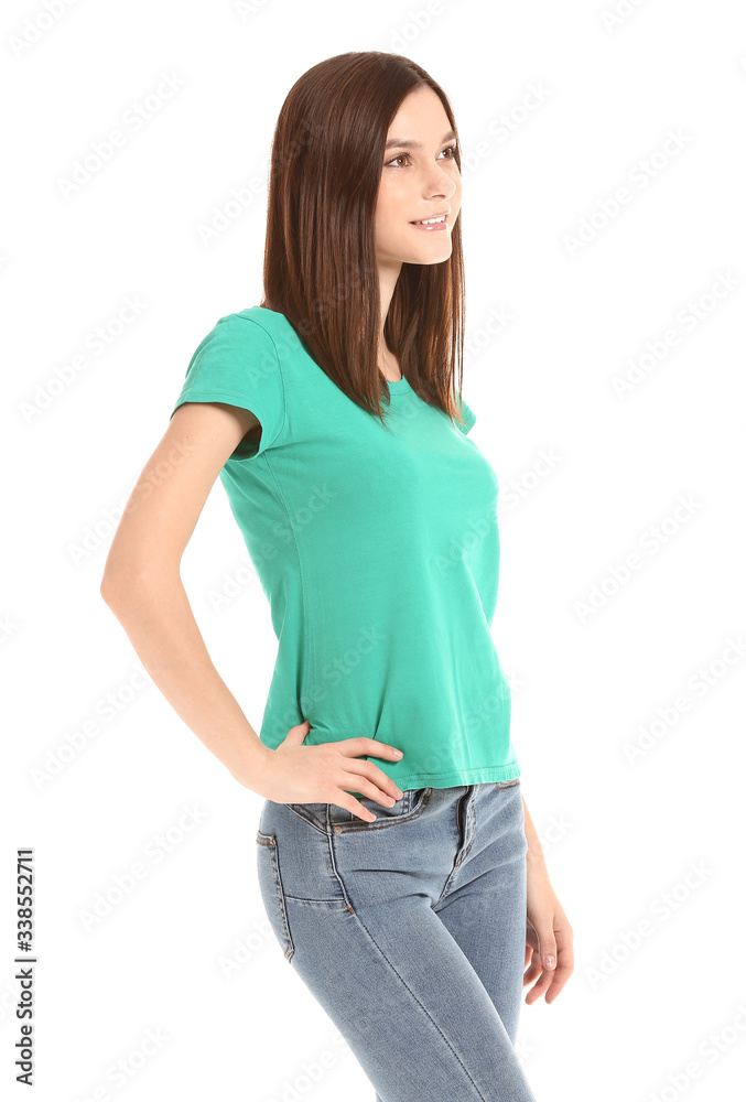 Woman in stylish t-shirt on white background