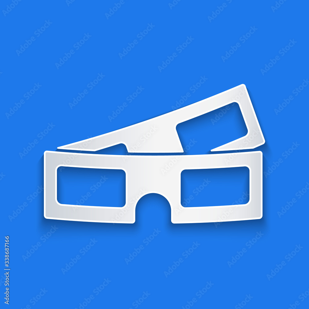 Paper cut 3D cinema glasses icon isolated on blue background. Paper art style. Vector Illustration