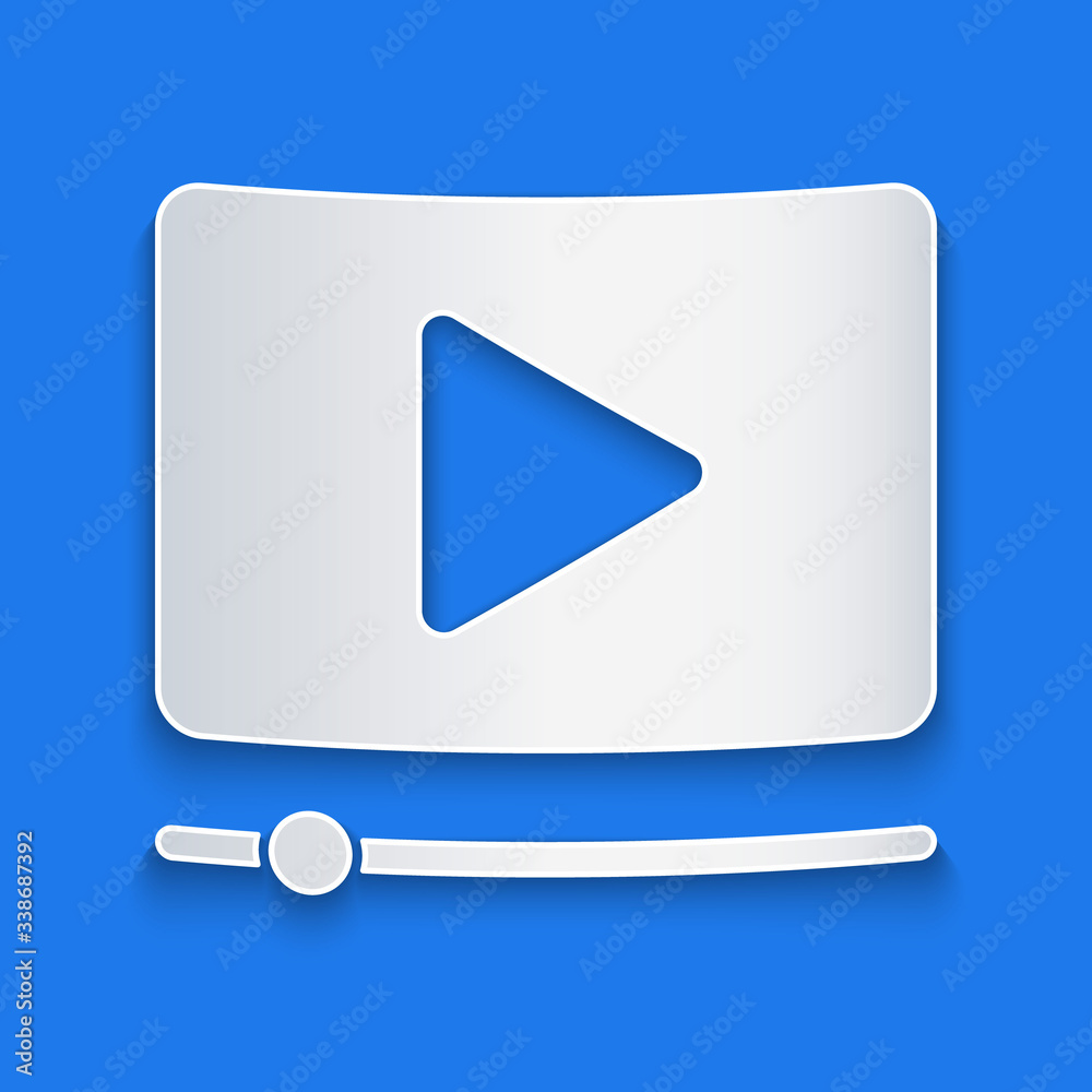 Paper cut Online play video icon isolated on blue background. Film strip with play sign. Paper art s