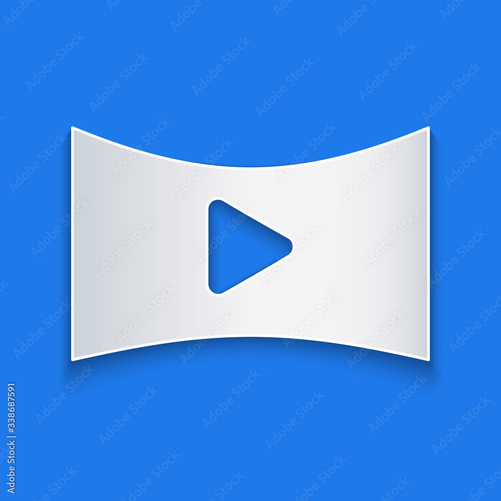 Paper cut Online play video icon isolated on blue background. Film strip with play sign. Paper art s