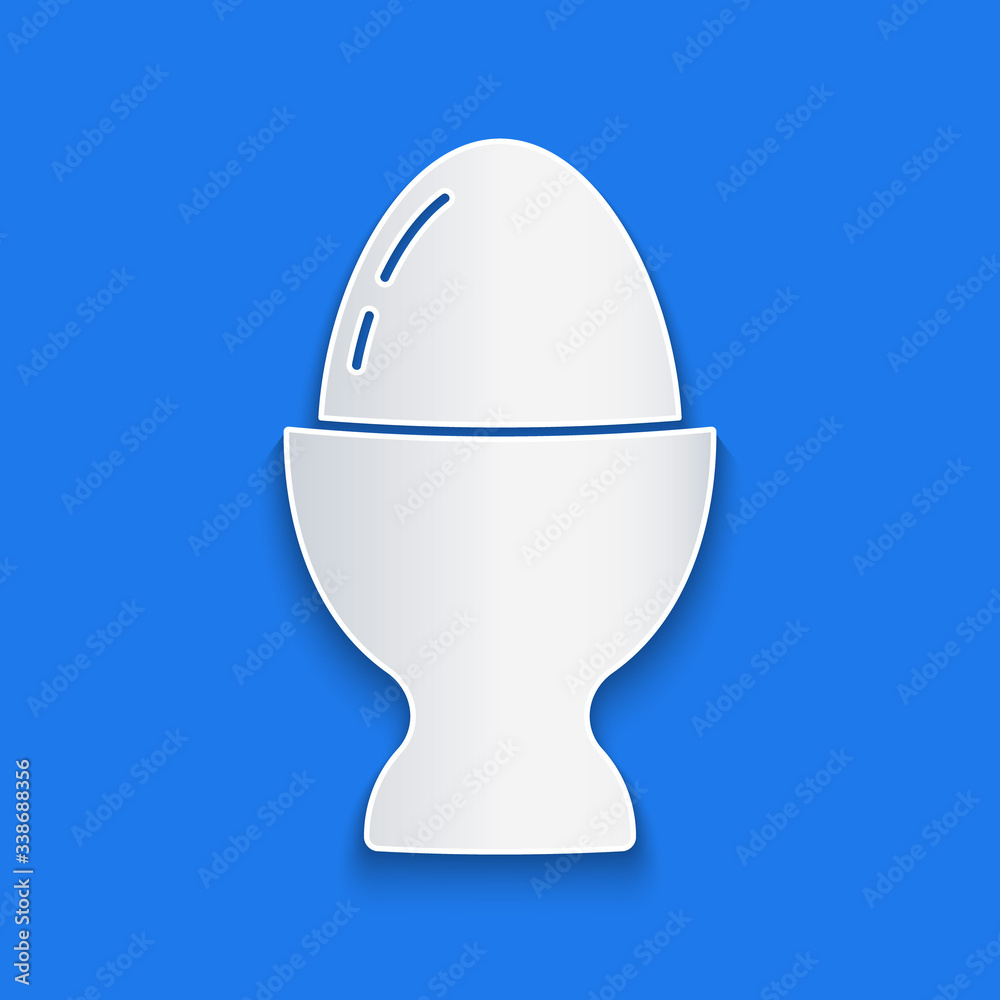 Paper cut Easter egg on a stand icon isolated on blue background. Happy Easter. Paper art style. Vec