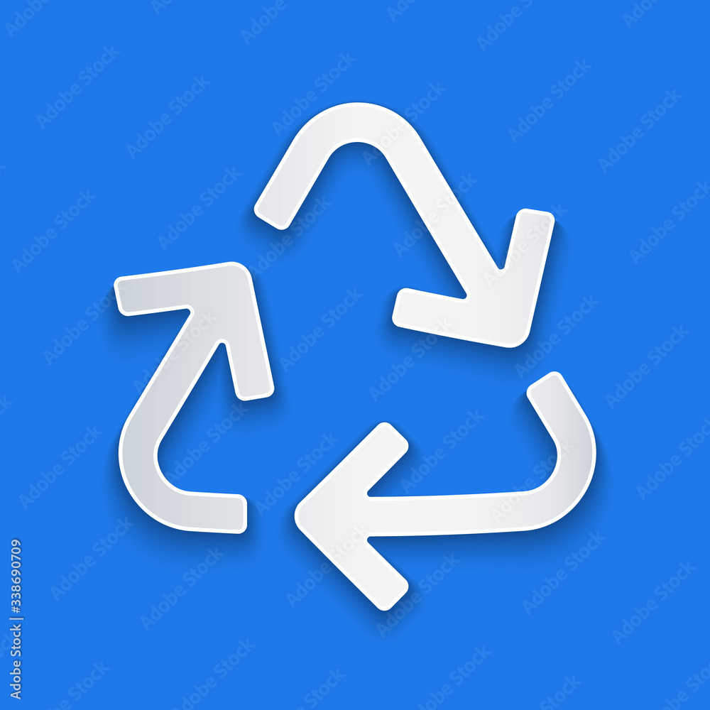 Paper cut Recycle symbol icon isolated on blue background. Circular arrow icon. Environment recyclab