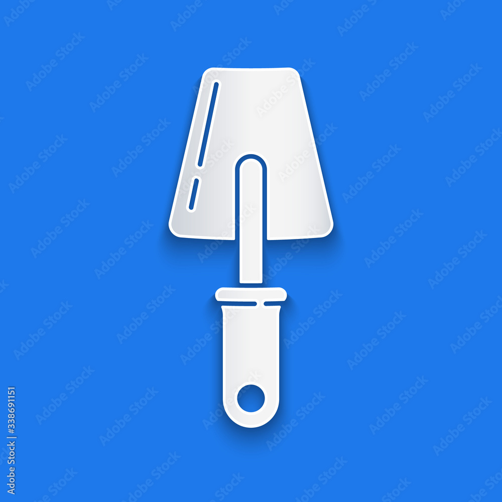 Paper cut Trowel icon isolated on blue background. Paper art style. Vector Illustration