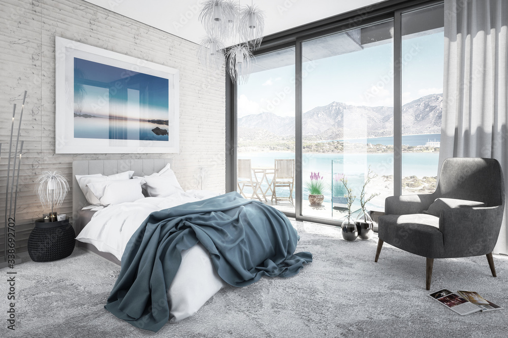 Bedroom with Panoramic Sea View by Daylight (classical) - 3d visualization