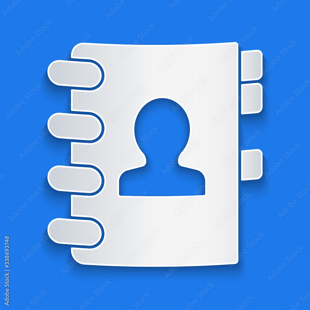 Paper cut Address book icon isolated on blue background. Notebook, address, contact, directory, phon